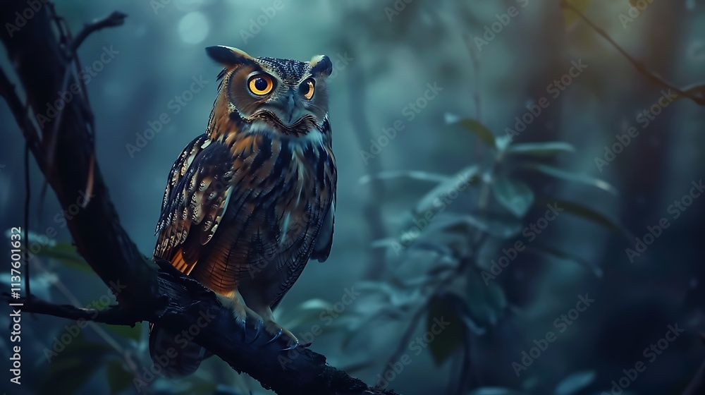 Aufkleber a majestic owl perched on a branch in a mystical forest, illuminated by soft light, creating an ench
