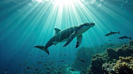 Fototapeta premium Manta ray gliding gracefully through sunlit waters above vibrant coral reef. Generative AI