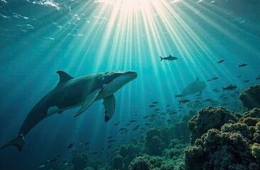 Obraz premium Majestic whale swims gracefully through vibrant coral reef underwater. Generative AI