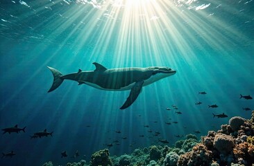 Obraz premium Shark swimming gracefully through clear ocean water near colorful coral reef during bright sunlight. Generative AI