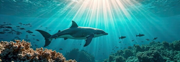 Fototapeta premium Shark swimming gracefully through coral reef under luminous sunlight filtering through water surface. Generative AI