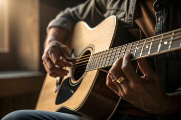 Obraz premium A person playing an acoustic guitar, showcasing their hands in a cozy, natural light setting, creating an intimate musical atmosphere.