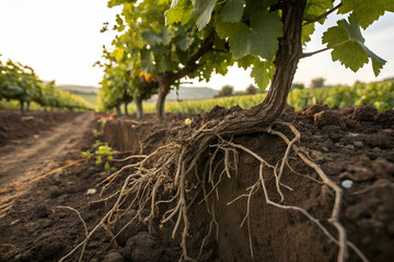 A close-up view of grapevine roots, showcasing the soil texture and the lush vineyard environment under soft sunlight.