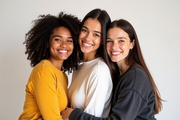 Fototapeta premium Three Happy Women Friends Embracing Together: Perfect for Diversity, Teamwork, and Friendship Concepts in Marketing and Social Media Campaigns