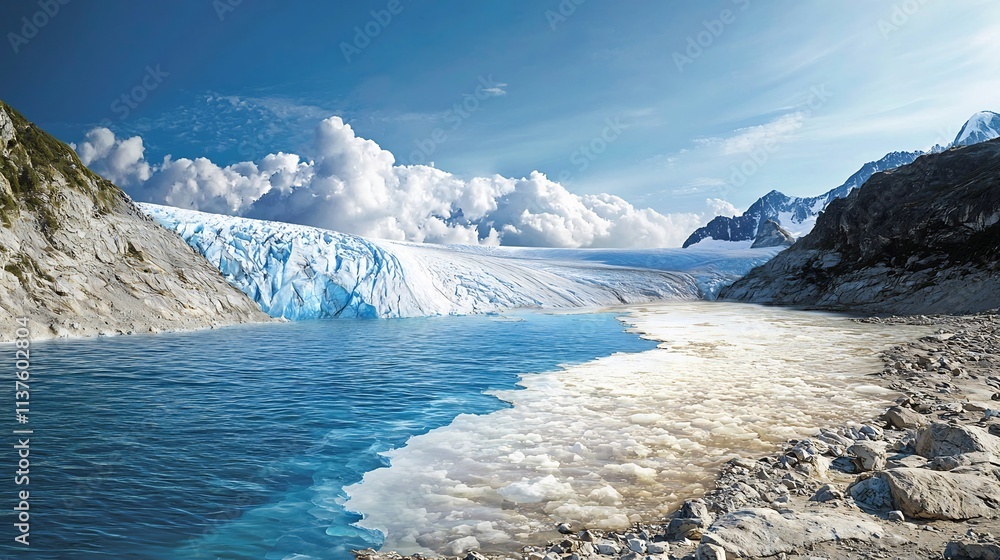 Poster a photographic representation of a glacier retreat map combined with a virtual twin simulation that 