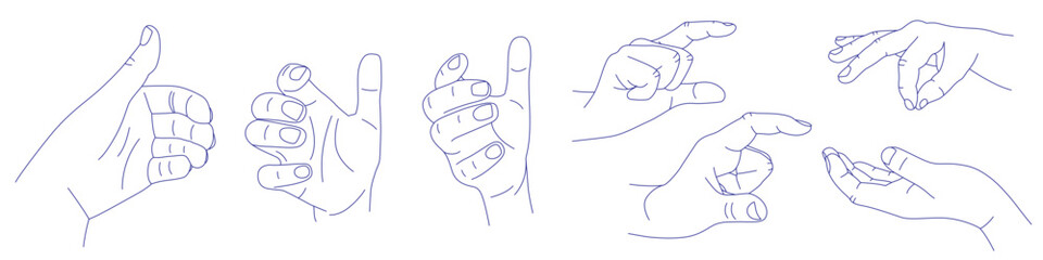 Set of gestures in various positions. Contour vector illustration. Hand is slightly open as if holding something. Index, middle, ring, little fingers and thumb
