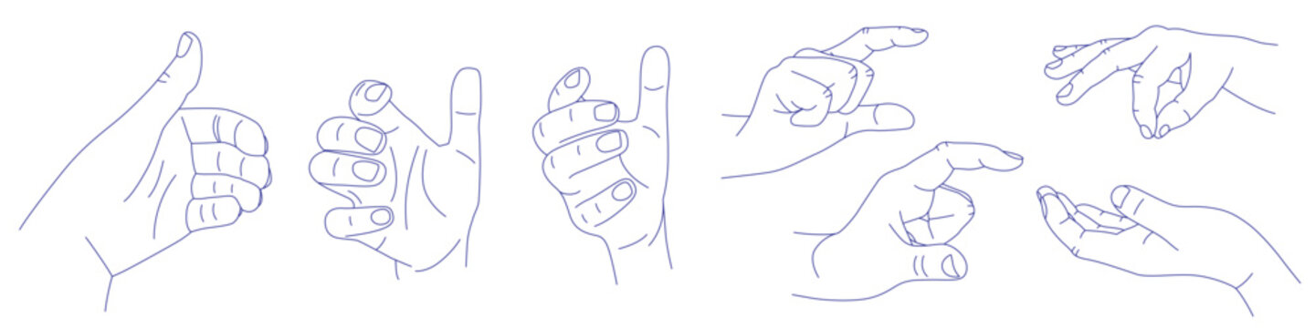 Set of gestures in various positions. Contour vector illustration. Hand is slightly open as if holding something. Index, middle, ring, little fingers and thumb