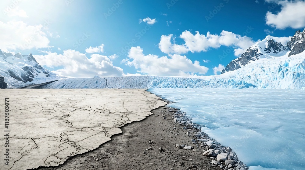 Poster a detailed photograph showcasing a glacier retreat map combined with a virtual twin simulation that 