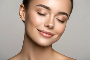 Fototapeta premium A serene, smiling woman showcases a flawless complexion, highlighting natural beauty and a sense of tranquility.