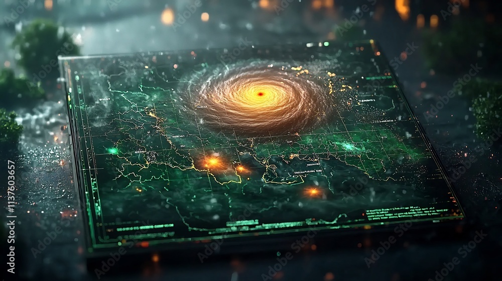 Poster tornado path prediction map with virtual twin visualizing storm cell developments and leaving copy s