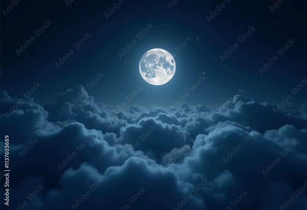 Poster a luminous moon hangs in a dark sky, surrounded by soft clouds that create a dreamy ambiance. the sc