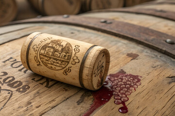 A cork with a wine logo rests on a wooden barrel, stained with red wine, set against a backdrop of more barrels.