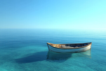 Fototapeta premium Small Boat Floats Peacefully on Calm Turquoise Water Under Clear Blue Sky
