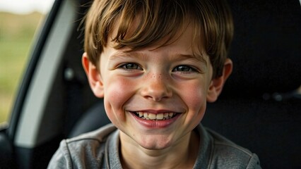 Young boy smiles happily while sitting in a car during a sunny day in a rural setting with green surroundings. Generative AI