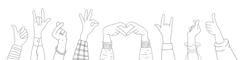 Doodle sketch hands up gestures comic icons silhouettes vector set. Group of line art fun comic hands in the air. Voting or happy congratulation audience recognition symbols.