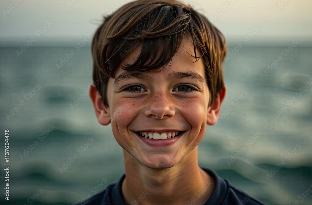 Poster smiling boy stands by the water during sunset with soft waves in the background reflecting warm colo