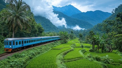 Scenic Train Journey Through Tropical Rice Paddies