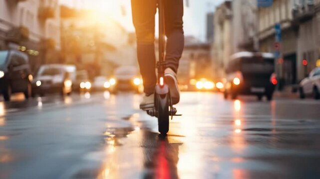 close up of male legs riding on electric scooter on the city street