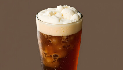 Tall glass of root beer float with layers of frothy soda and creamy vanilla ice cream, copy space