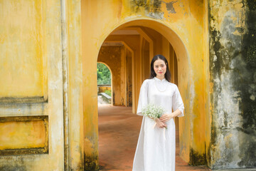 Naklejka premium Vietnamese woman and landmark