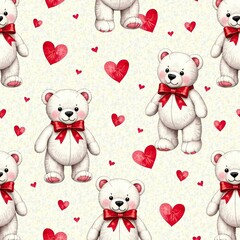 Obraz premium Cute teddy bears with red bows and hearts create a playful design for childrens decor and fabric on a light background. Generative AI