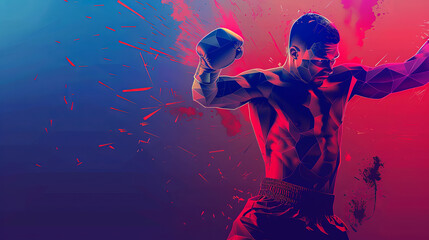 A sports poster banner featuring a box. The abstract background with colorful patterns enhances the dynamic design.