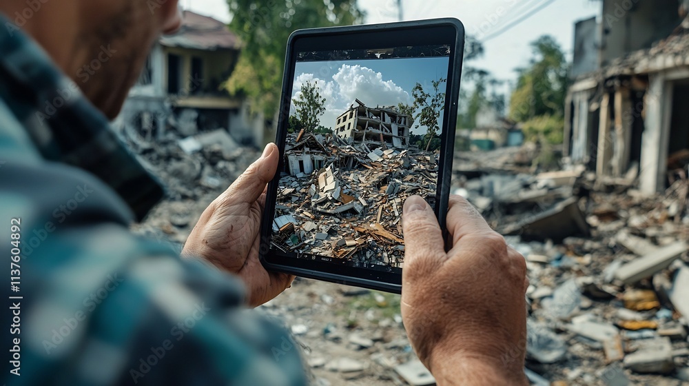 Poster earthquake aftermath map with virtual twin analyzing building damage patterns and copy space at the 