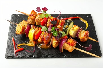 Tuscan-inspired chicken and vegetable skewers on a black slate plate, isolated against a white background