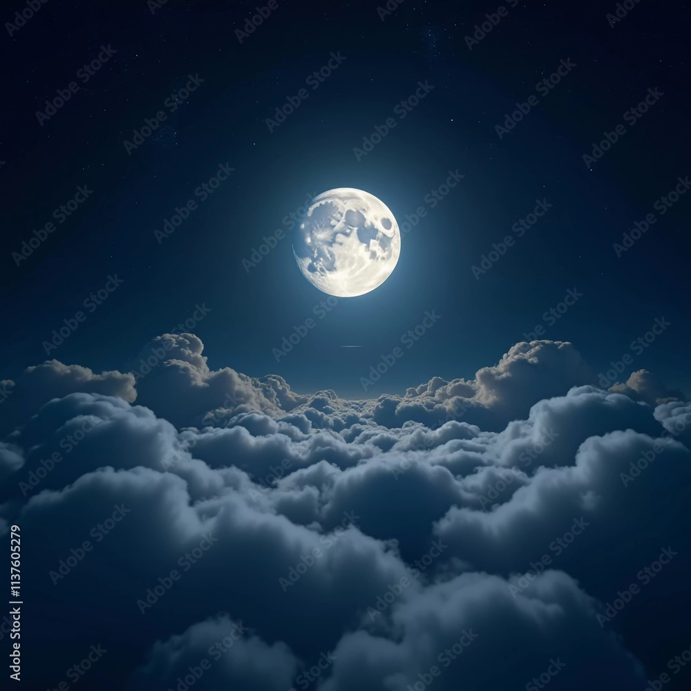 Poster A luminous moon hangs in a dark sky, surrounded by soft clouds that create a dreamy ambiance. The scene invites quiet moments of reflection and wonder under the stars. Generative AI