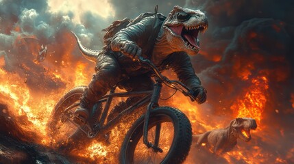 Tyrannosaurus Rex biking through fiery apocalyptic landscape.