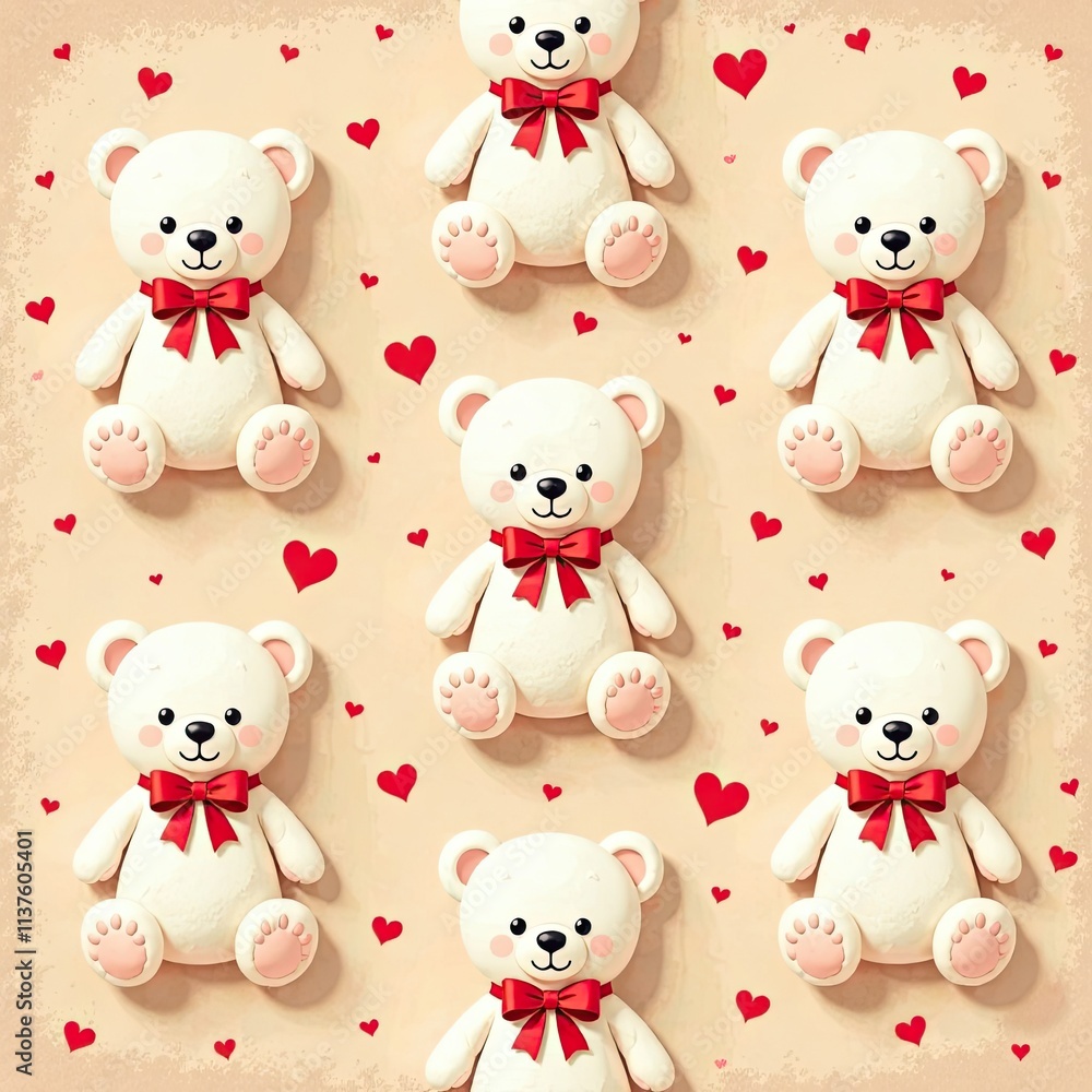Aufkleber cute teddy bears arranged in a playful pattern with hearts on a soft background suitable for childre