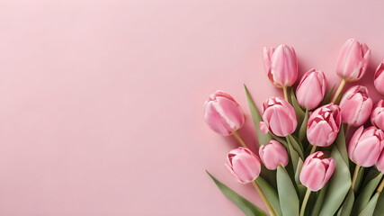 Obraz premium Beautiful composition spring flowers. Bouquet of pink tulips flowers on pastel pink background.