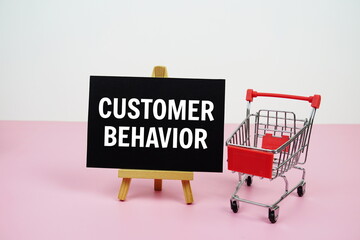 Customer Behavior text message and trolly shopping cart on pink background