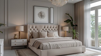 Fototapeta premium A modern bedroom with light gray walls, white ceiling, and neutral tiles. This bed is an elegant cream colored leather double bed with a fabric headboard design and beige velvet bedding.