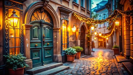 Old European Door, Bokeh Entrance, Vintage Facade, Architectural Detail, Romantic Cityscape,  Antique Doorway,  European Architecture,  Building Exterior,  Travel Photography,  City Street Scene