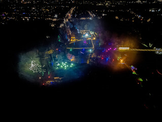 An aerial view of Christmas Illuminations in Holywell Park, Ipswich, Suffolk, UK at night