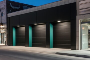 Modern black garage doors with teal accents, set next to a storefront illuminated by sharp lights.