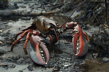 A large lobster forages in a muddy habitat, showcasing its vibrant claws and unique texture.