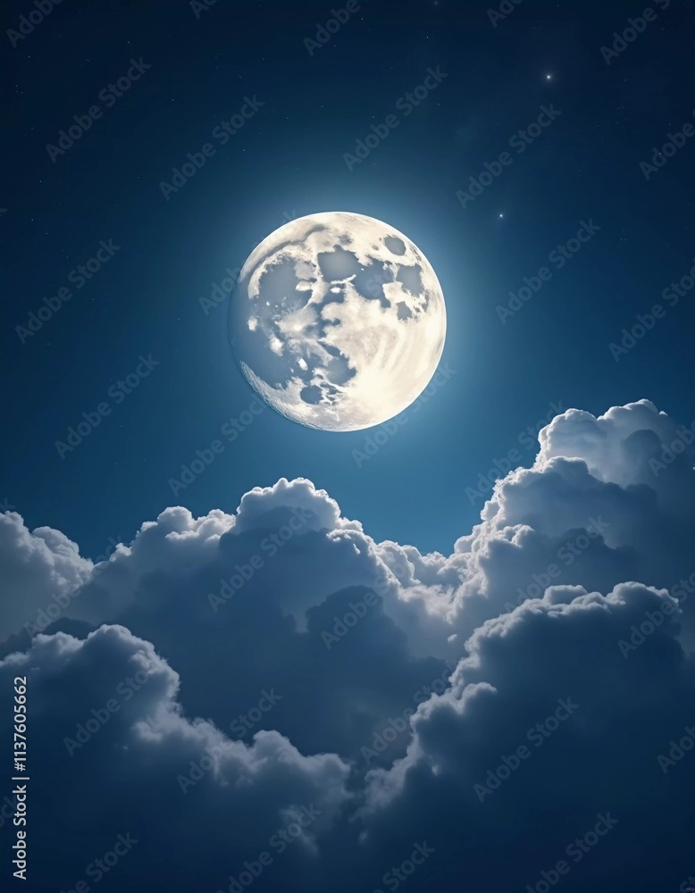 Poster A luminous moon hangs in a dark sky, surrounded by soft clouds that create a dreamy ambiance. The scene invites quiet moments of reflection and wonder under the stars. Generative AI