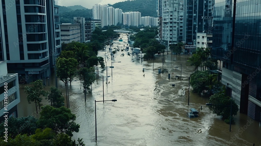 Poster a detailed virtual twin simulation of an urban flood map visualizing a drainage system overload scen