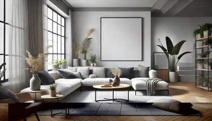 Fototapeta premium Modern Living Room Interior with Large Windows and Natural Light