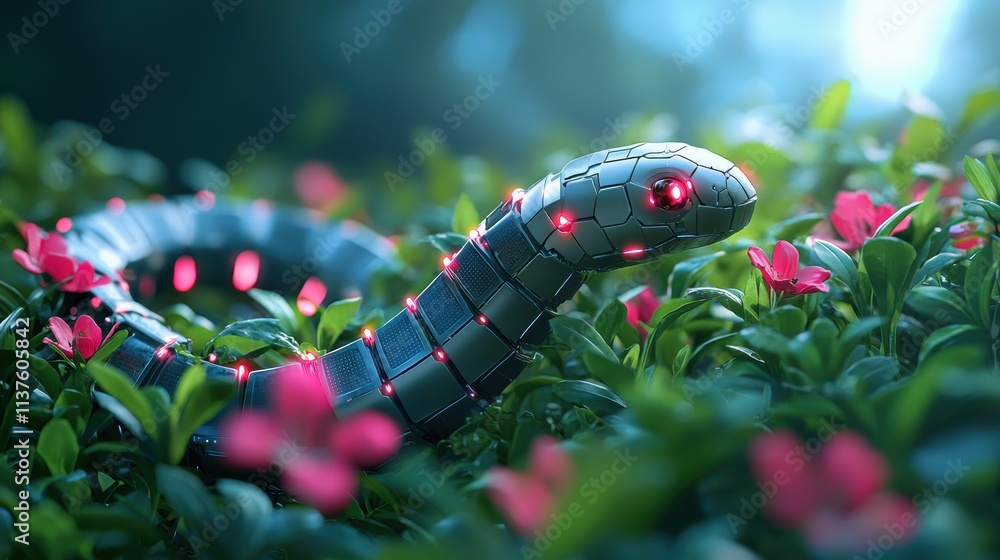 Poster a robotic snake winding its way through dense undergrowth, its segmented body powered by flexible so