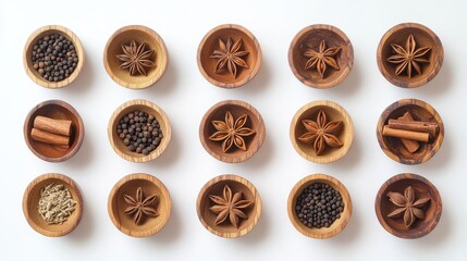 A symmetrical arrangement of small wooden bowls containing cinnamon, star anise, and black pepper on a white backdrop