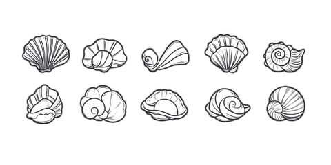 Fototapeta premium Modern outline icon featuring oyster mollusks, pearl corrals, and snail shells doodled in simple linear style, white or transparent background