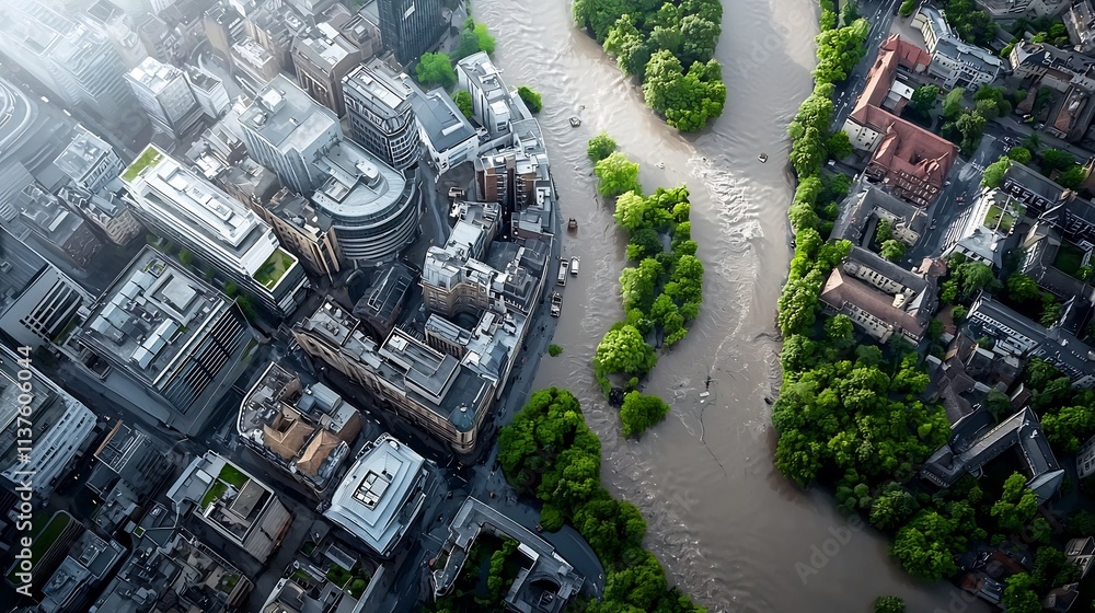 Poster a digital urban flood map display with a virtual twin simulation showcasing drainage system overload