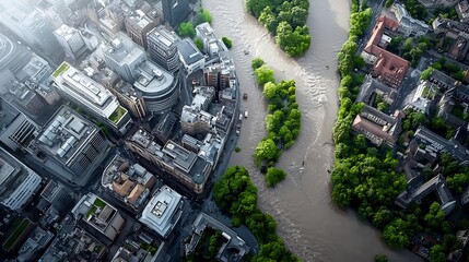 A digital urban flood map display with a virtual twin simulation showcasing drainage system overload and potential flood risks leaving copy space on the bottom right for text overlay