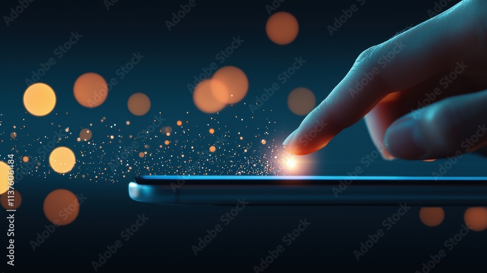 Poster a close up shot of a finger tapping on a tablet screen, navigating through a user friendly interface