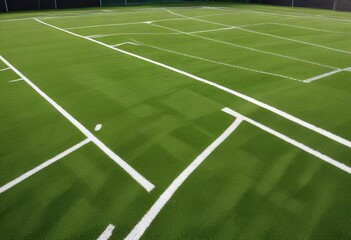 Fototapeta premium Lacrosse field with green artificial turf and white boundary lines, turf, sports, lacrosse