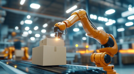 Industrial Robot Arm in Motion Handling Packages on Conveyor Belt in Modern Warehouse Environment