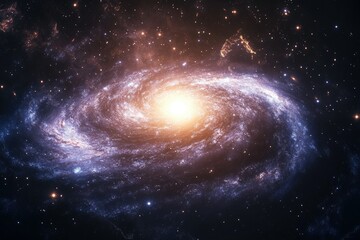 Obraz premium A shining cosmic scene with a bright star at the center of a galaxy, surrounded by swirling nebulas and glowing particles